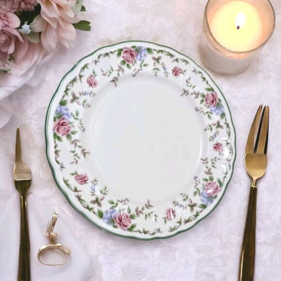 Epoch MORNING ROSE Dinner Plate Floral Roses Green trim Replacement Grannycore - Picture 3 of 16